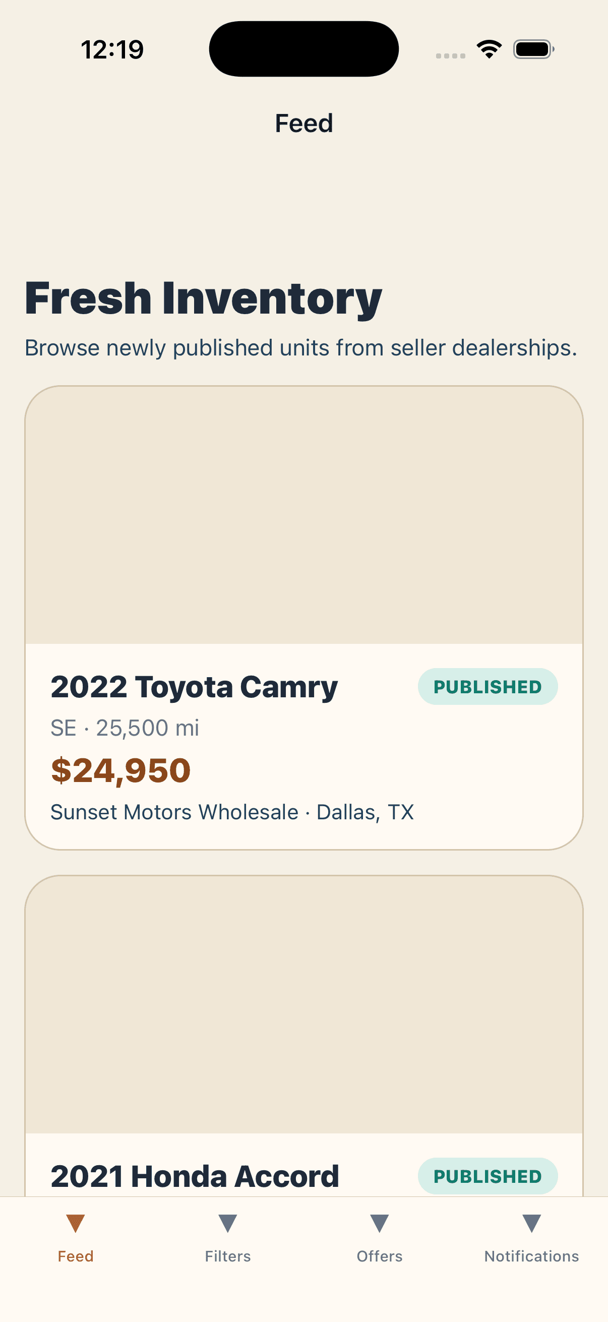 DealerFlow mobile feed showing newly published wholesale inventory.